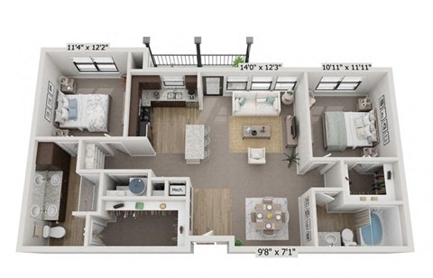 Floor plan for 2 beds, 2 baths, 1104 sqft